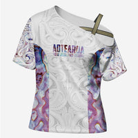 Custom New Zealand Aotearoa Cross Shoulder Shirt Pink Maori Paua Shell Indigenous LT9 Female Pink - Polynesian Pride