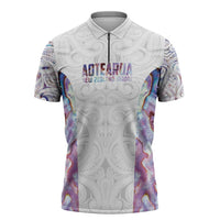Custom New Zealand Aotearoa Zipper Polo Shirt Pink Maori Paua Shell Indigenous - Polynesian Pride