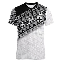 2026 Autumn Rugby Nations Fiji Custom Women V-Neck T-Shirt Fijian Tapa Tribal Lauhala Inspired LT9 Female Black - Polynesian Pride