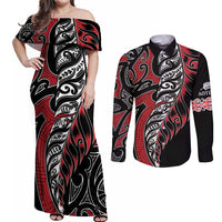 Koru Fern New Zealand Couples Matching Off Shoulder Maxi Dress and Long Sleeve Button Shirt Maori Tribal Pattern