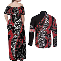 Koru Fern New Zealand Couples Matching Off Shoulder Maxi Dress and Long Sleeve Button Shirt Maori Tribal Pattern