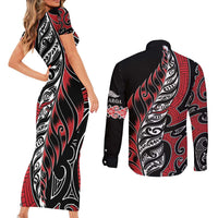 Koru Fern New Zealand Couples Matching Short Sleeve Bodycon Dress and Long Sleeve Button Shirt Maori Tribal Pattern