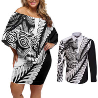 Koru Fern New Zealand Maori Tribal Warrior Couples Matching Off Shoulder Short Dress and Long Sleeve Button Shirt