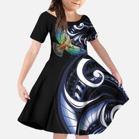 New Zealand Kea Bird Personalised Family Matching Tank Maxi Dress and Hawaiian Shirt Maori Tribal Koru Art LT9 Daughter's Dress Blue - Polynesian Pride