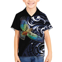 New Zealand Kea Bird Personalised Family Matching Tank Maxi Dress and Hawaiian Shirt Maori Tribal Koru Art LT9 Son's Shirt Blue - Polynesian Pride