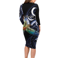 New Zealand Kea Bird Personalised Long Sleeve Bodycon Dress Maori Tribal Koru Art