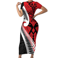 Silver Fern Koru Swirls with Maori Ta Moko Short Sleeve Bodycon Dress LT9 Long Dress Red - Polynesian Pride