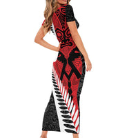 Silver Fern Koru Swirls with Maori Ta Moko Short Sleeve Bodycon Dress LT9 - Polynesian Pride