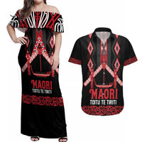 Toitu Te Tiriti Waitangi Couples Matching Off Shoulder Maxi Dress and Hawaiian Shirt Black Wharenui House - Polynesian Pride