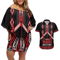 Toitu Te Tiriti Waitangi Couples Matching Off Shoulder Short Dress and Hawaiian Shirt Black Wharenui House - Polynesian Pride