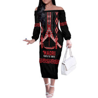 Toitu Te Tiriti Waitangi Family Matching Off The Shoulder Long Sleeve Dress and Hawaiian Shirt Black Wharenui House - Polynesian Pride