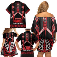 Toitu Te Tiriti Waitangi Family Matching Off Shoulder Short Dress and Hawaiian Shirt Black Wharenui House - Polynesian Pride