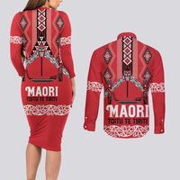 Toitu Te Tiriti Waitangi Couples Matching Long Sleeve Bodycon Dress and Long Sleeve Button Shirt Red Wharenui House - Polynesian Pride