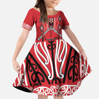 Toitu Te Tiriti Waitangi Family Matching Off Shoulder Maxi Dress and Hawaiian Shirt Red Wharenui House - Polynesian Pride