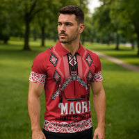 Toitu Te Tiriti Waitangi Zipper Polo Shirt Red Wharenui House LT9 - Polynesian Pride