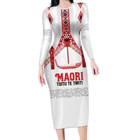 Toitu Te Tiriti Waitangi Long Sleeve Bodycon Dress White Wharenui House - Polynesian Pride