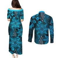 Vintage Tonga Tribal Ngatu Pattern Couples Matching Puletasi and Long Sleeve Button Shirt With Pacific Floral Aqua Art