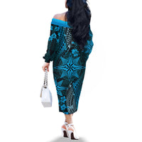Vintage Tonga Tribal Ngatu Pattern Family Matching Off The Shoulder Long Sleeve Dress and Hawaiian Shirt With Pacific Floral Aqua Art