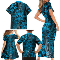 Vintage Tonga Tribal Ngatu Pattern Family Matching Short Sleeve Bodycon Dress and Hawaiian Shirt With Pacific Floral Aqua Art