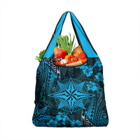 Vintage Tonga Tribal Ngatu Pattern Grocery Bag With Pacific Floral Aqua Art