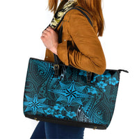 Vintage Tonga Tribal Ngatu Pattern Leather Tote Bag With Pacific Floral Aqua Art LT9 Aqua - Polynesian Pride