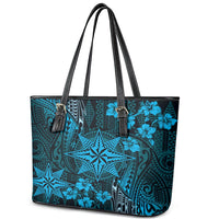 Vintage Tonga Tribal Ngatu Pattern Leather Tote Bag With Pacific Floral Aqua Art LT9 - Polynesian Pride