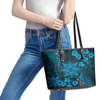 Vintage Tonga Tribal Ngatu Pattern Leather Tote Bag With Pacific Floral Aqua Art LT9 - Polynesian Pride