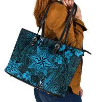 Vintage Tonga Tribal Ngatu Pattern Leather Tote Bag With Pacific Floral Aqua Art LT9 - Polynesian Pride