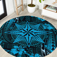Vintage Tonga Tribal Ngatu Pattern Round Carpet With Pacific Floral Aqua Art LT9 Aqua - Polynesian Pride
