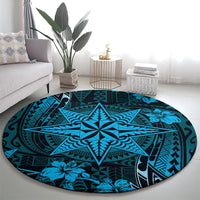 Vintage Tonga Tribal Ngatu Pattern Round Carpet With Pacific Floral Aqua Art LT9 - Polynesian Pride