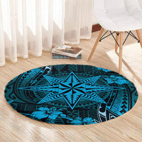 Vintage Tonga Tribal Ngatu Pattern Round Carpet With Pacific Floral Aqua Art LT9 - Polynesian Pride