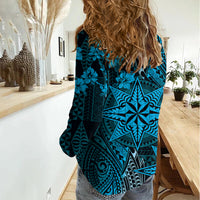 Vintage Tonga Tribal Ngatu Pattern Women Casual Shirt With Pacific Floral Aqua Art