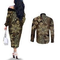 Vintage Tonga Tribal Ngatu Pattern Couples Matching Off The Shoulder Long Sleeve Dress and Long Sleeve Button Shirt With Pacific Floral Brown Art