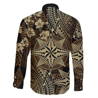 Vintage Tonga Tribal Ngatu Pattern Family Matching Off The Shoulder Long Sleeve Dress and Hawaiian Shirt With Pacific Floral Brown Art
