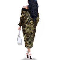 Vintage Tonga Tribal Ngatu Pattern Family Matching Off The Shoulder Long Sleeve Dress and Hawaiian Shirt With Pacific Floral Brown Art