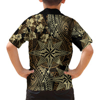 Vintage Tonga Tribal Ngatu Pattern Family Matching Short Sleeve Bodycon Dress and Hawaiian Shirt With Pacific Floral Brown Art