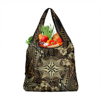 Vintage Tonga Tribal Ngatu Pattern Grocery Bag With Pacific Floral Brown Art