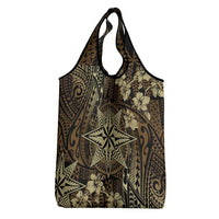 Vintage Tonga Tribal Ngatu Pattern Grocery Bag With Pacific Floral Brown Art