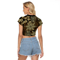Vintage Tonga Tribal Ngatu Pattern Raglan Cropped T Shirt With Pacific Floral Brown Art