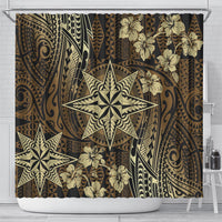 Vintage Tonga Tribal Ngatu Pattern Shower Curtain With Pacific Floral Brown Art