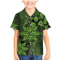 Vintage Tonga Tribal Ngatu Pattern Family Matching Mermaid Dress and Hawaiian Shirt With Pacific Floral Lime Green Art