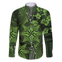 Vintage Tonga Tribal Ngatu Pattern Family Matching Puletasi and Hawaiian Shirt With Pacific Floral Lime Green Art