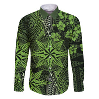 Vintage Tonga Tribal Ngatu Pattern Family Matching Tank Maxi Dress and Hawaiian Shirt With Pacific Floral Lime Green Art