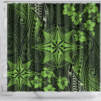 Vintage Tonga Tribal Ngatu Pattern Shower Curtain With Pacific Floral Lime Green Art