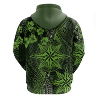 Vintage Tonga Tribal Ngatu Pattern Zip Hoodie With Pacific Floral Lime Green Art