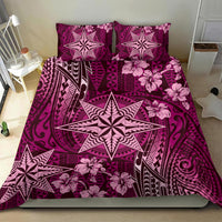 Vintage Tonga Tribal Ngatu Pattern Bedding Set With Pacific Floral Pink Art