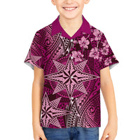 Vintage Tonga Tribal Ngatu Pattern Family Matching Long Sleeve Bodycon Dress and Hawaiian Shirt With Pacific Floral Pink Art