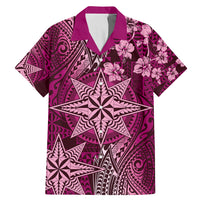 Vintage Tonga Tribal Ngatu Pattern Family Matching Mermaid Dress and Hawaiian Shirt With Pacific Floral Pink Art