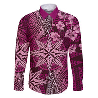 Vintage Tonga Tribal Ngatu Pattern Family Matching Tank Maxi Dress and Hawaiian Shirt With Pacific Floral Pink Art