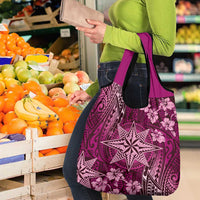 Vintage Tonga Tribal Ngatu Pattern Grocery Bag With Pacific Floral Pink Art